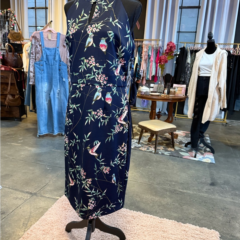 New York & Company Asymmetrical Floral Dress - Navy and Pink